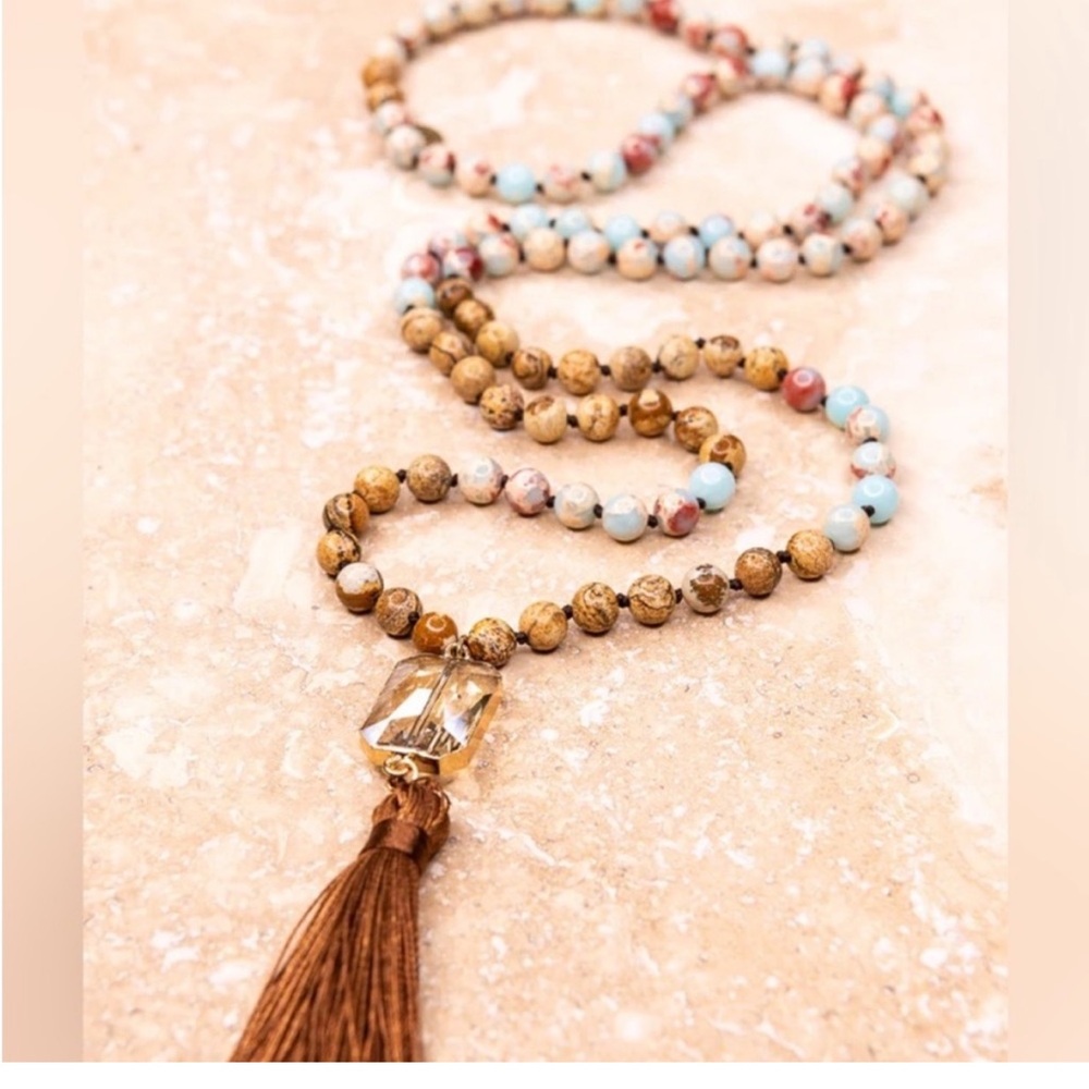 Handmade Brown Jasper & Pastel Beaded Tassel Necklace